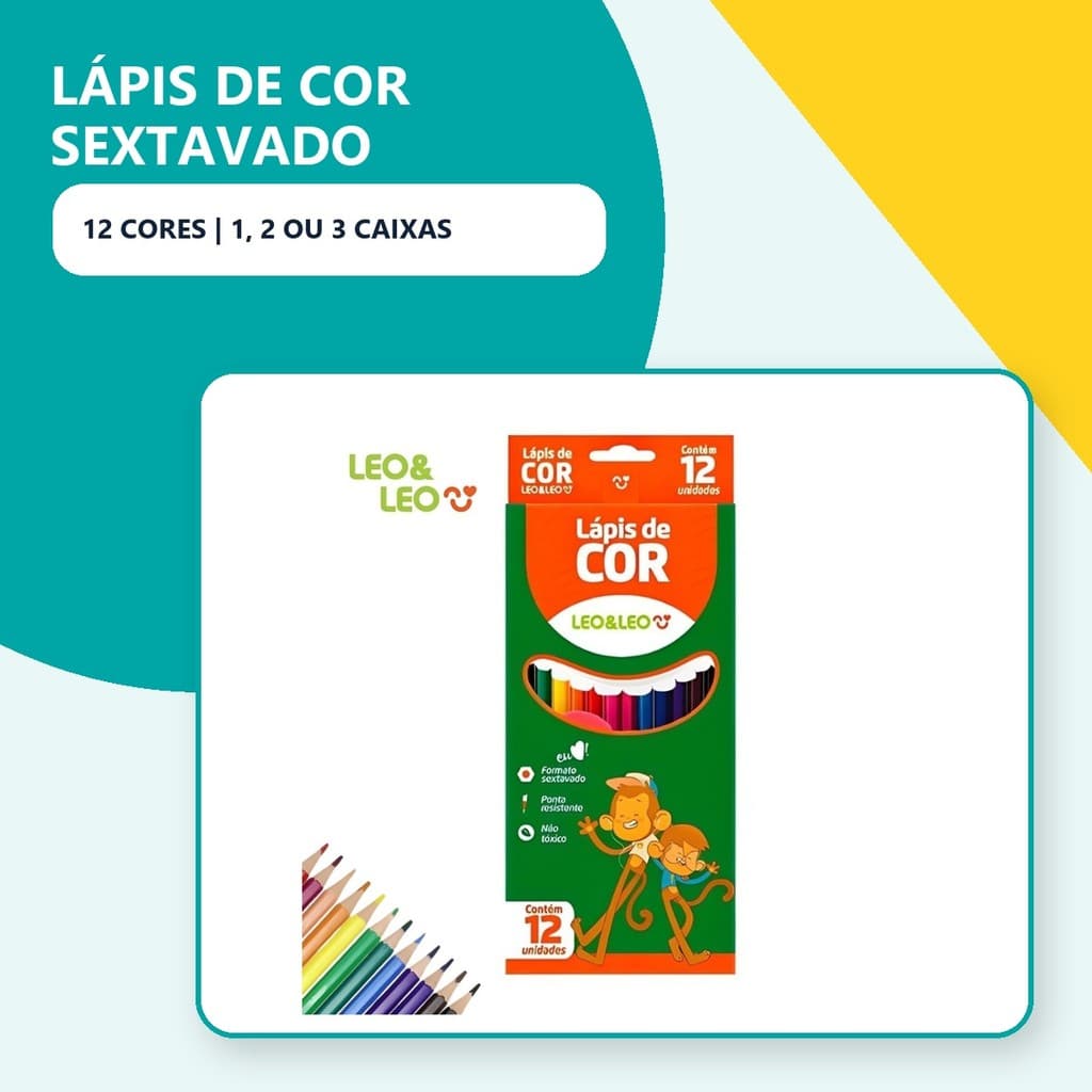 Lapis de Cor Formato sextavado 12 Cores LEO E LEO - Lapis escolar 01