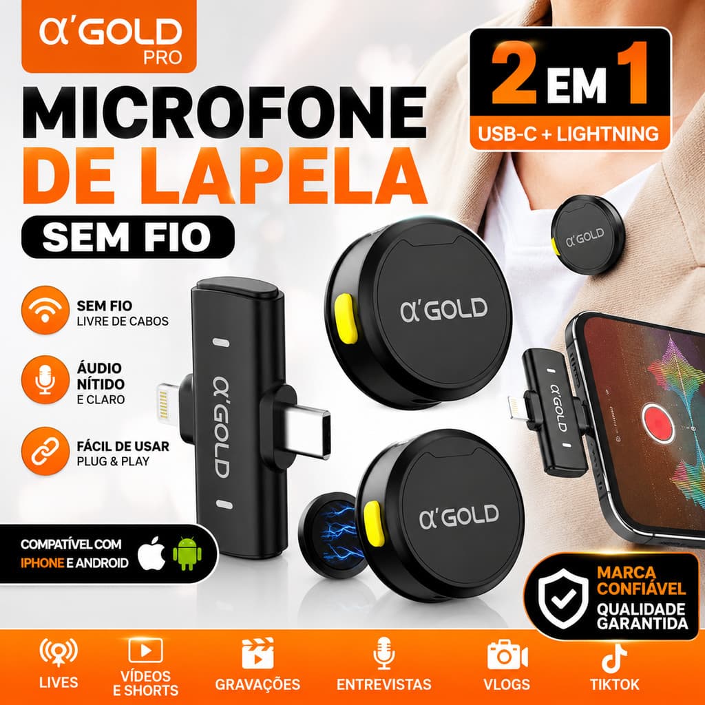 Microfone Lapela Sem Fio 2 em 1 USB-C Lightning Para iPhone Android A'Gold MCF-38D