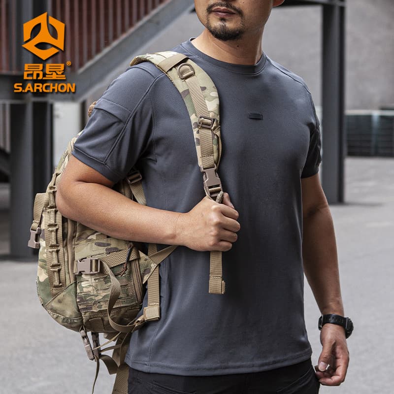 Verão de secagem rápida camiseta masculina esportes ao ar livre em torno do pescoço de manga curta ventilador militar tá