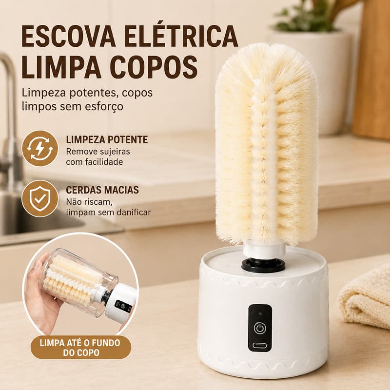 Escova Lavadora Elétrica Copos 360° Rotativa 2 Cabeças Type-C Cerdas Macias Base Motorizada Cozinha