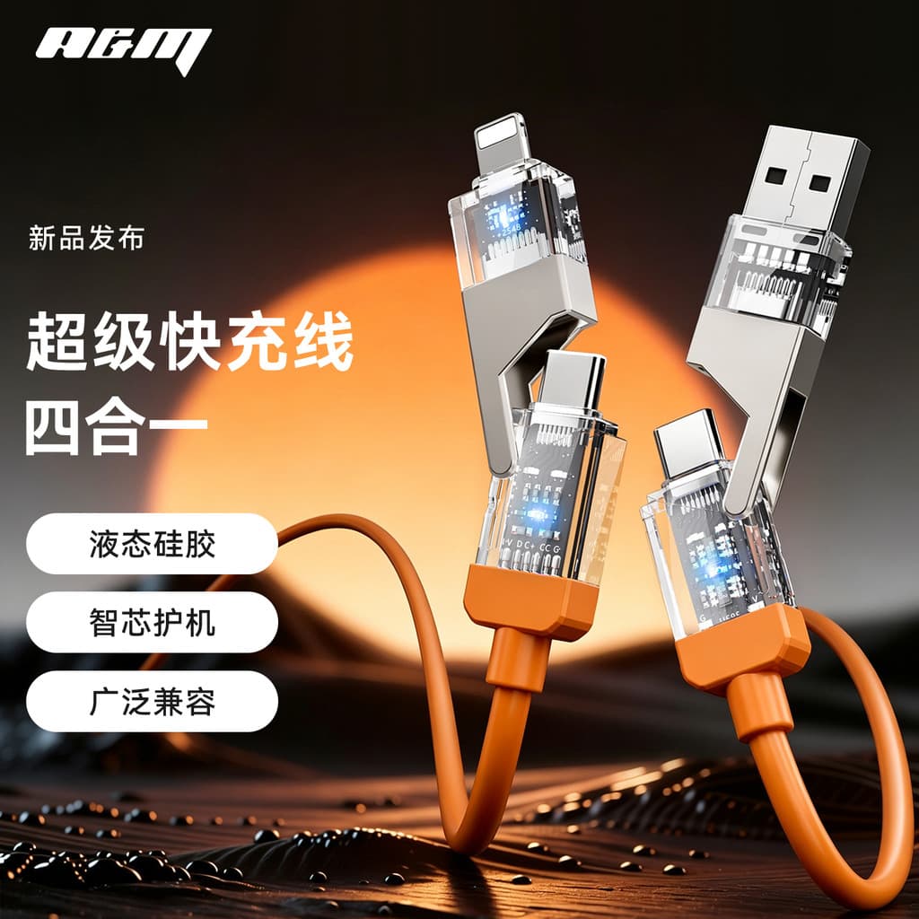 A&M Novo estilo 240W Cabo de dados de carga rápida quatro em um Cabo de carregamento de Silicone líquido tipo duplo adeq