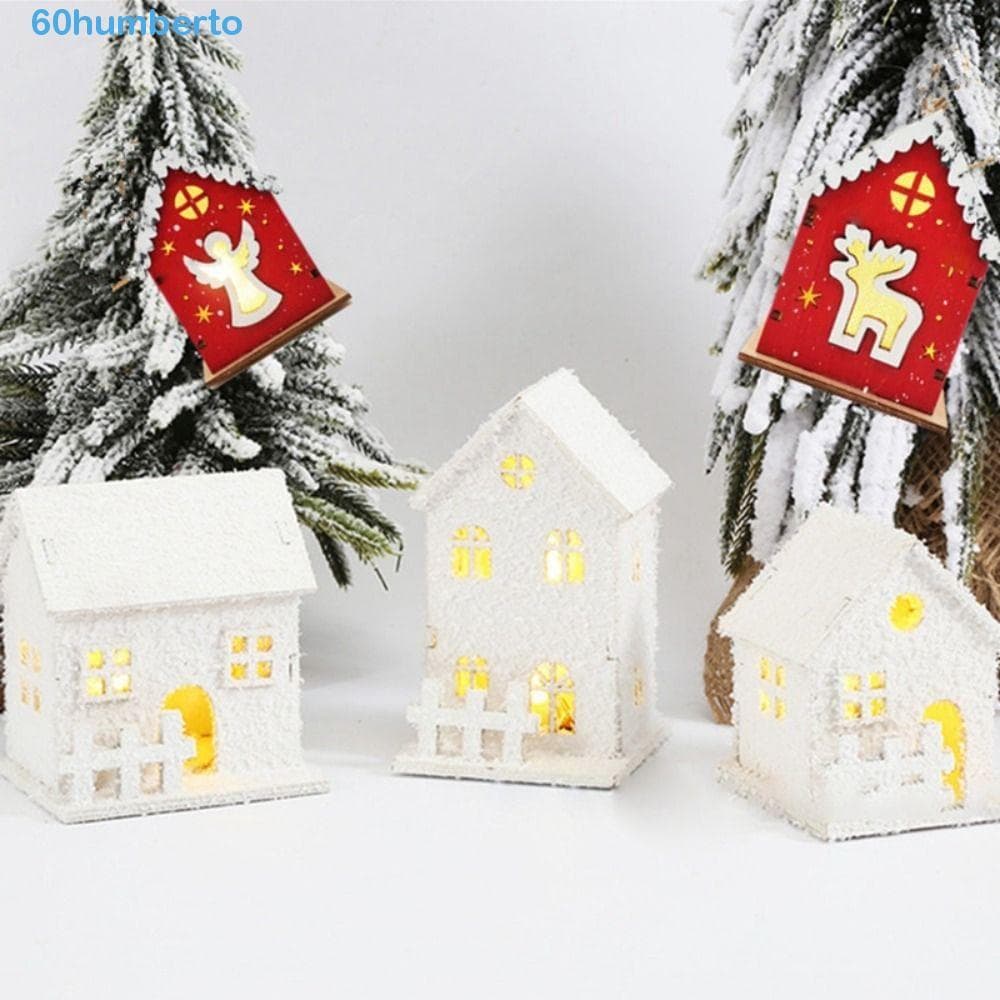 HUMBERTO Casa De Madeira Com Luz LED De Natal , Mini Castelo Brilhante Luminoso , Branco Infantil Floco De Neve