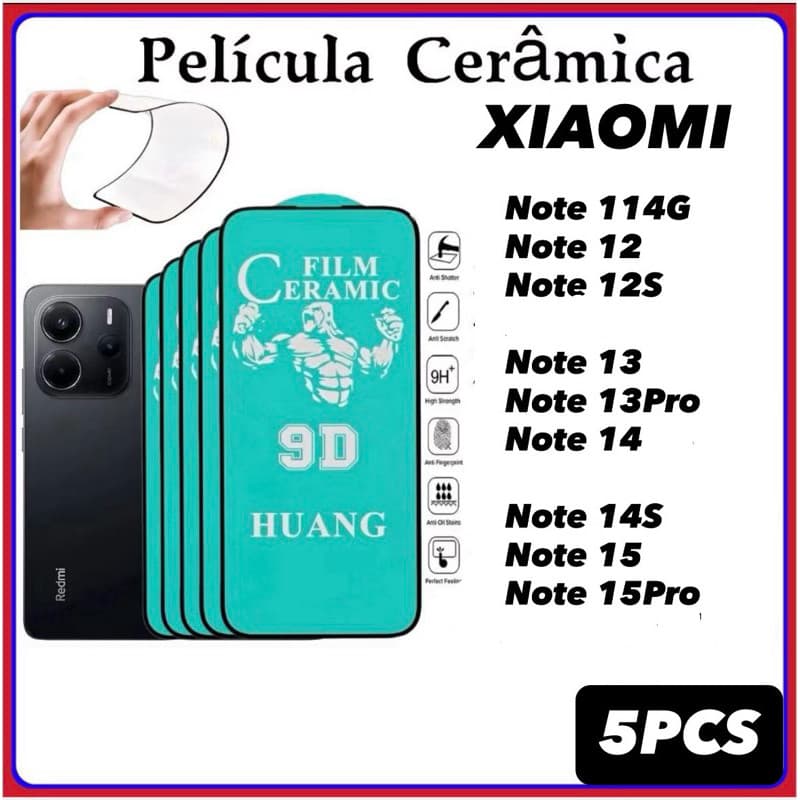 kit 5 PCS Película Cerâmica 9D Para Xiaomi Note 11 12 13 14 15