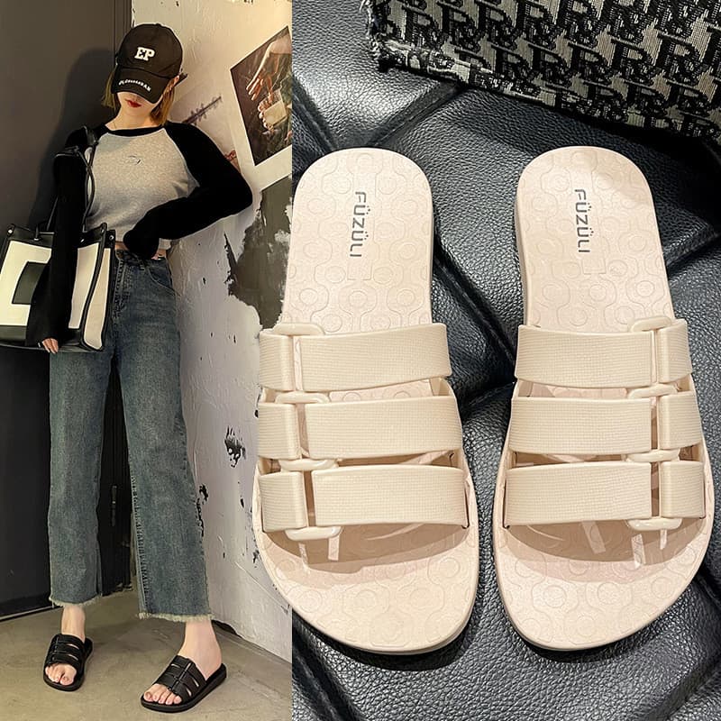Versão coreana chinelos planos femininos 2023 verão fivela oco casa chinelos casuais meninas sapatos de praia exterior W
