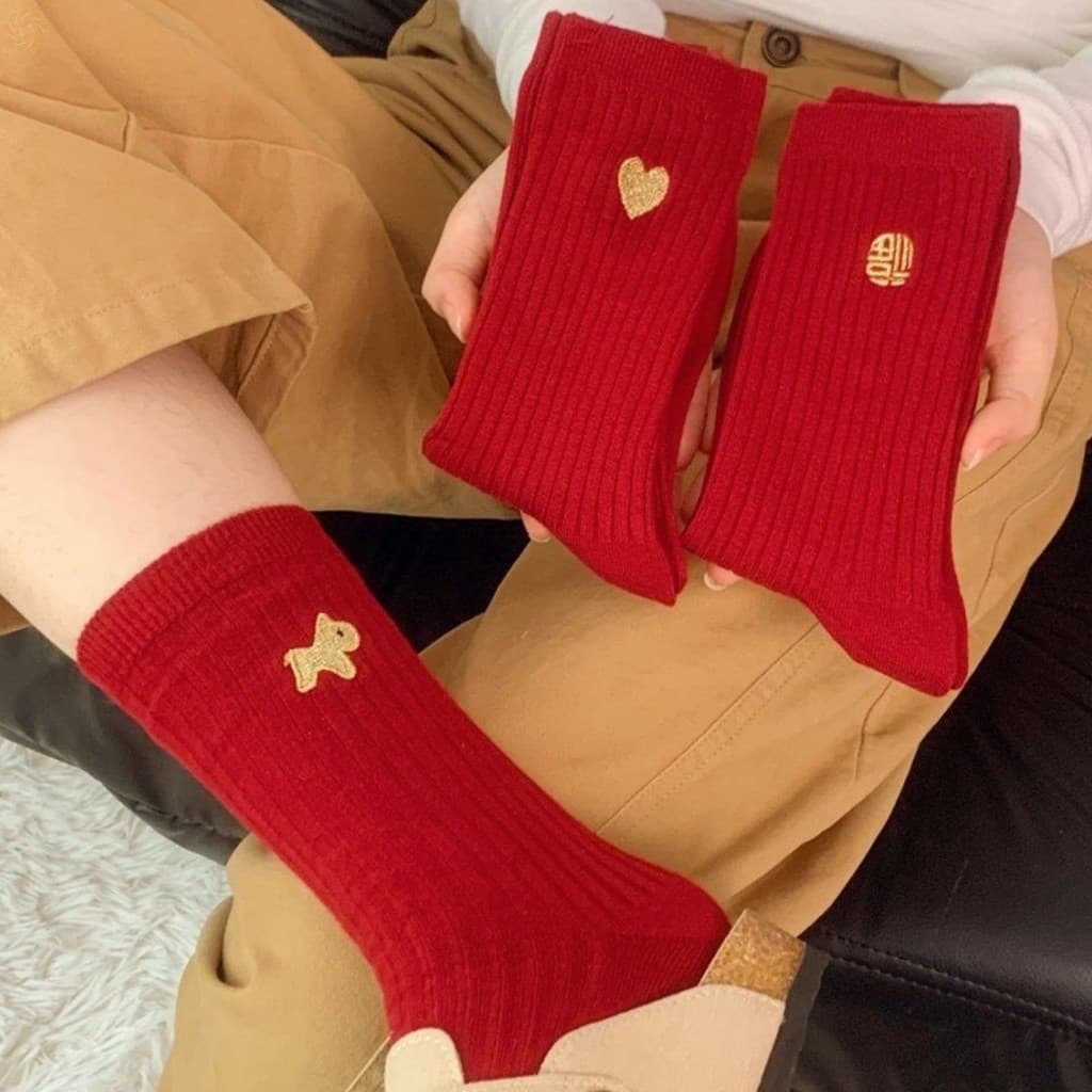 3 pares de meias vermelhas femininas, meias unissex quentes para o inverno, adequadas como presente para o Ano Novo Chin