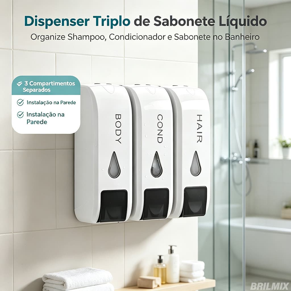 Dispenser Triplo de Sabonete Líquido para Parede, Suporte para Shampoo, Condicionador e Sabonete Corporal