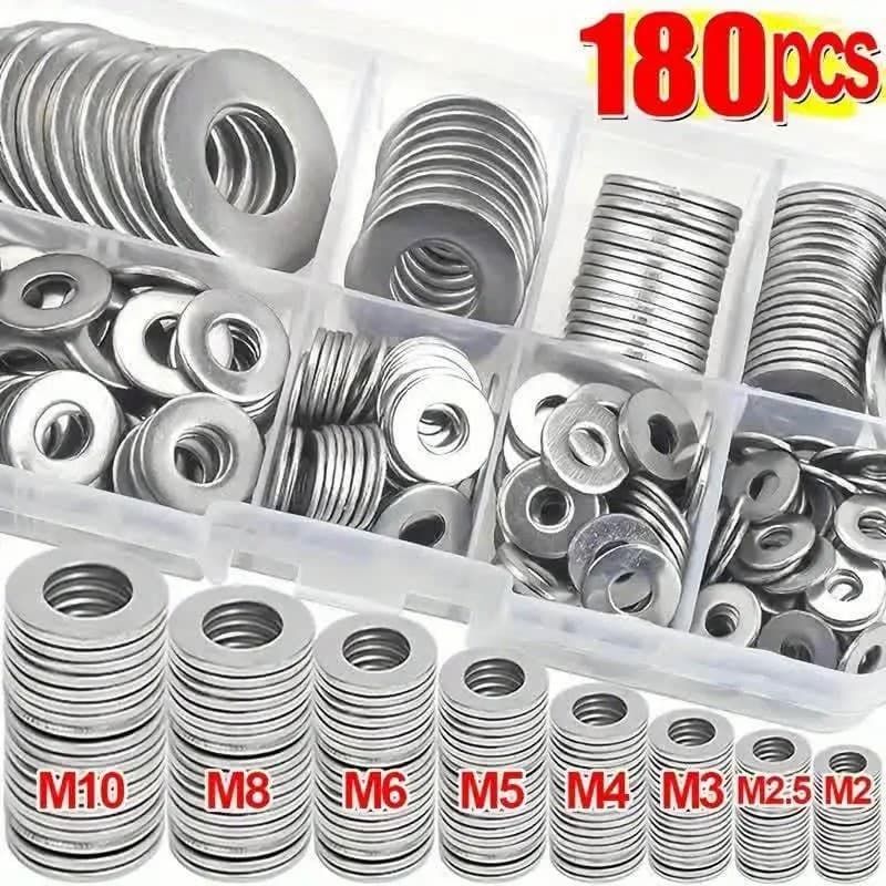 Conjunto de arruelas de aço inoxidável 304 de 180 peças, superfície polida, tamanho M2-M10, Material durável