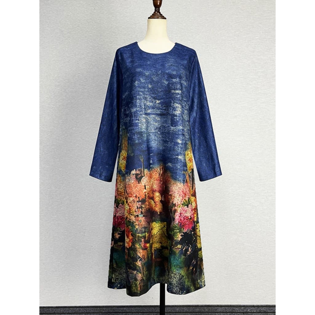 Vestido azul de manga comprida de comprimento médio feminino 2025 simples All-Match Look mais fino estampado bolso mãe u