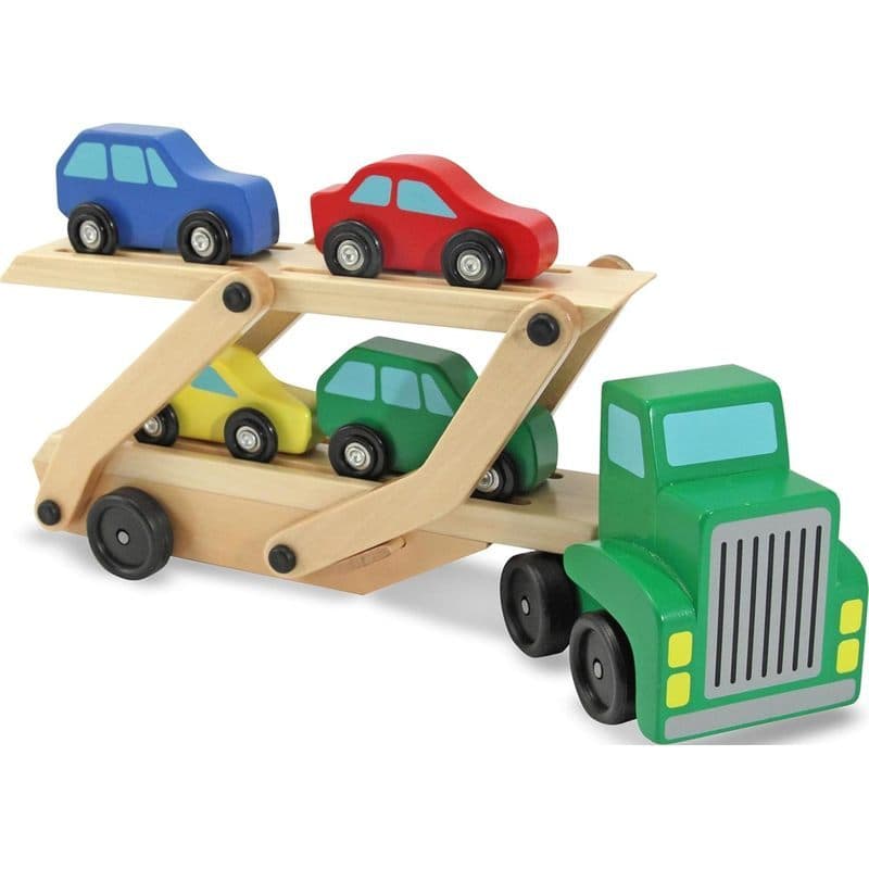 Melissa & amp ; Conjunto De Brinquedos De Madeira Para Caminhões E Carros Doug Car Carrier Com 1 Caminhão 4 De 5.75 " x
