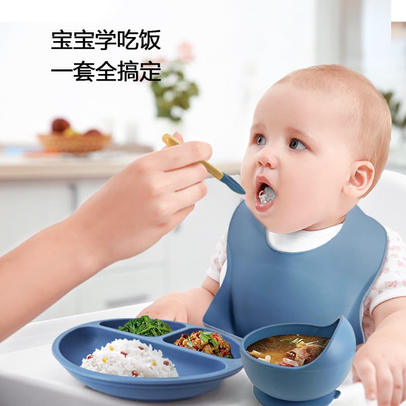 Talheres de silicone para crianças, utensílios de mesa para alimentação de bebês, babador de silicone, tigela de comida