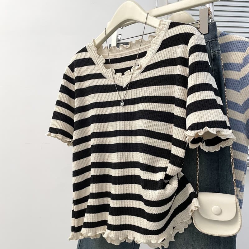 Novo estilo Jin Plus Size feminino orelha-borda gelo seda listrado colar genuíno verão mm Design topo de madeira20260902