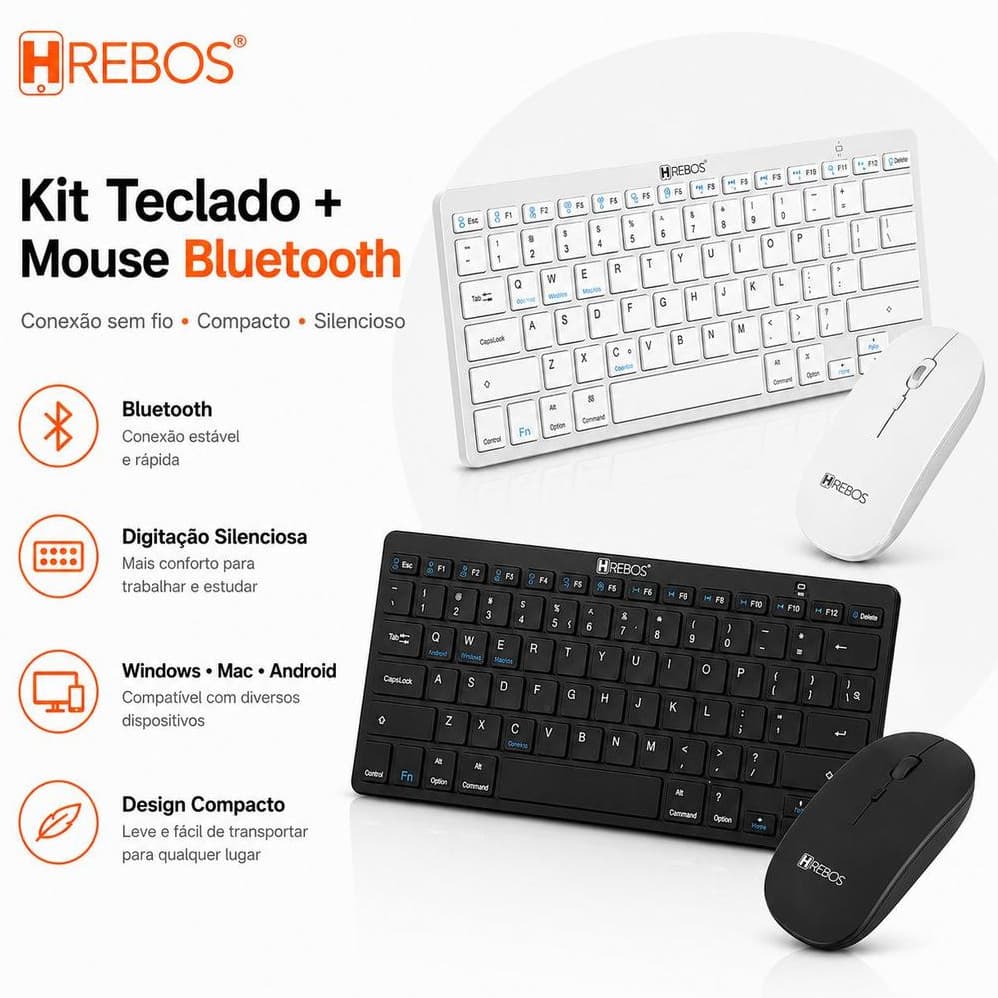Hrebos HS-751K Kit Teclado e Mouse Sem Fio Bluetooth | Compacto, Silencioso e Compatível com Windows e Mac