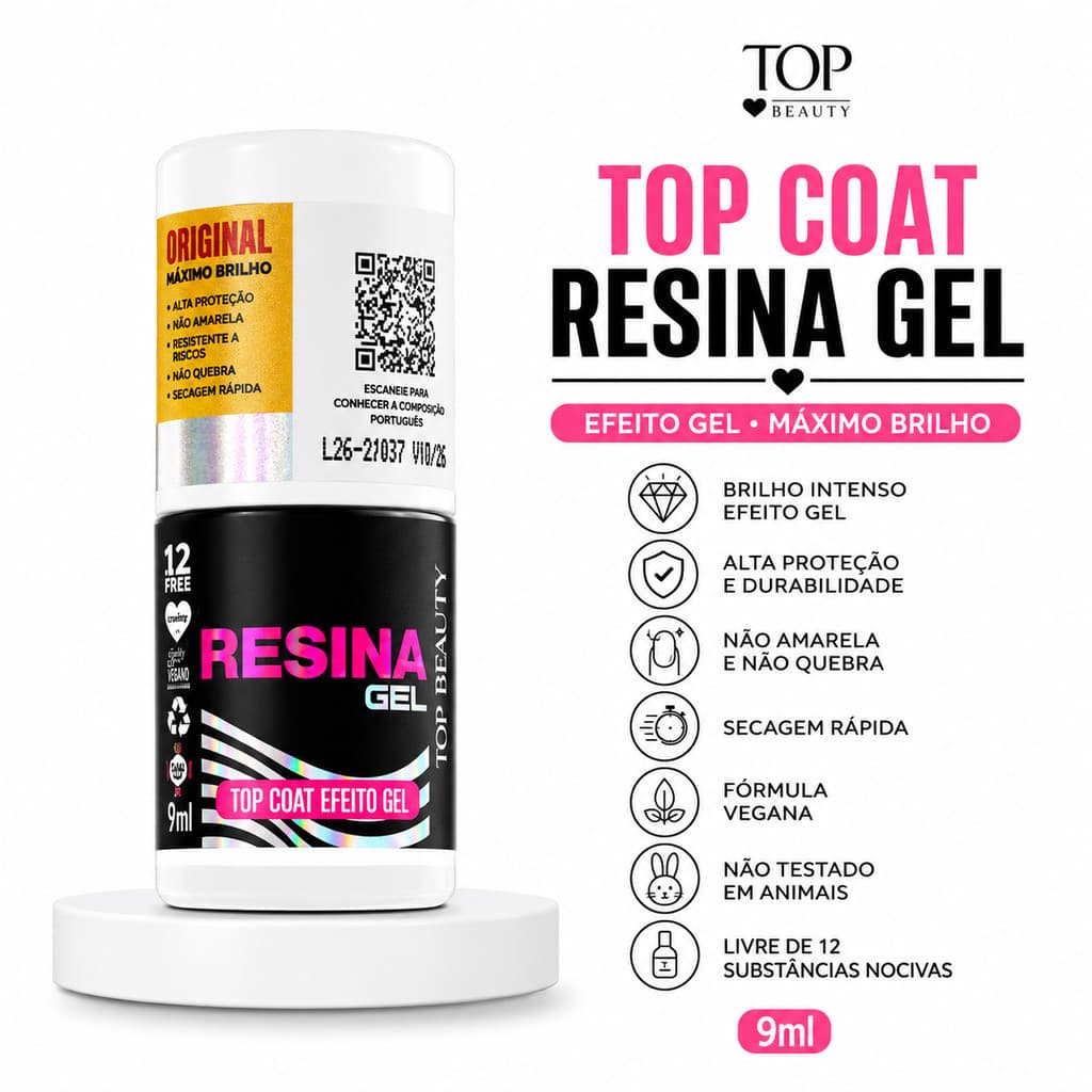 Top Coat Top Beauty Resina Gel Extra Brilho