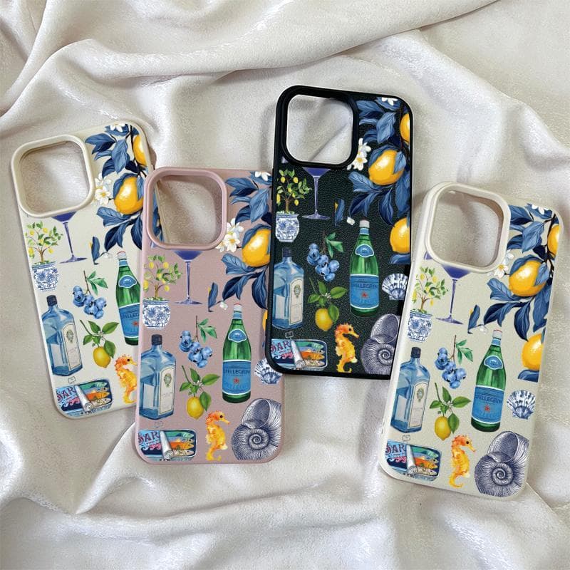 Capa para iPhone 11 12 13 14 15 16 17 Pro Max XS Max Capa para celular Com Blue citrus cocktail ocean hand drawn clipart