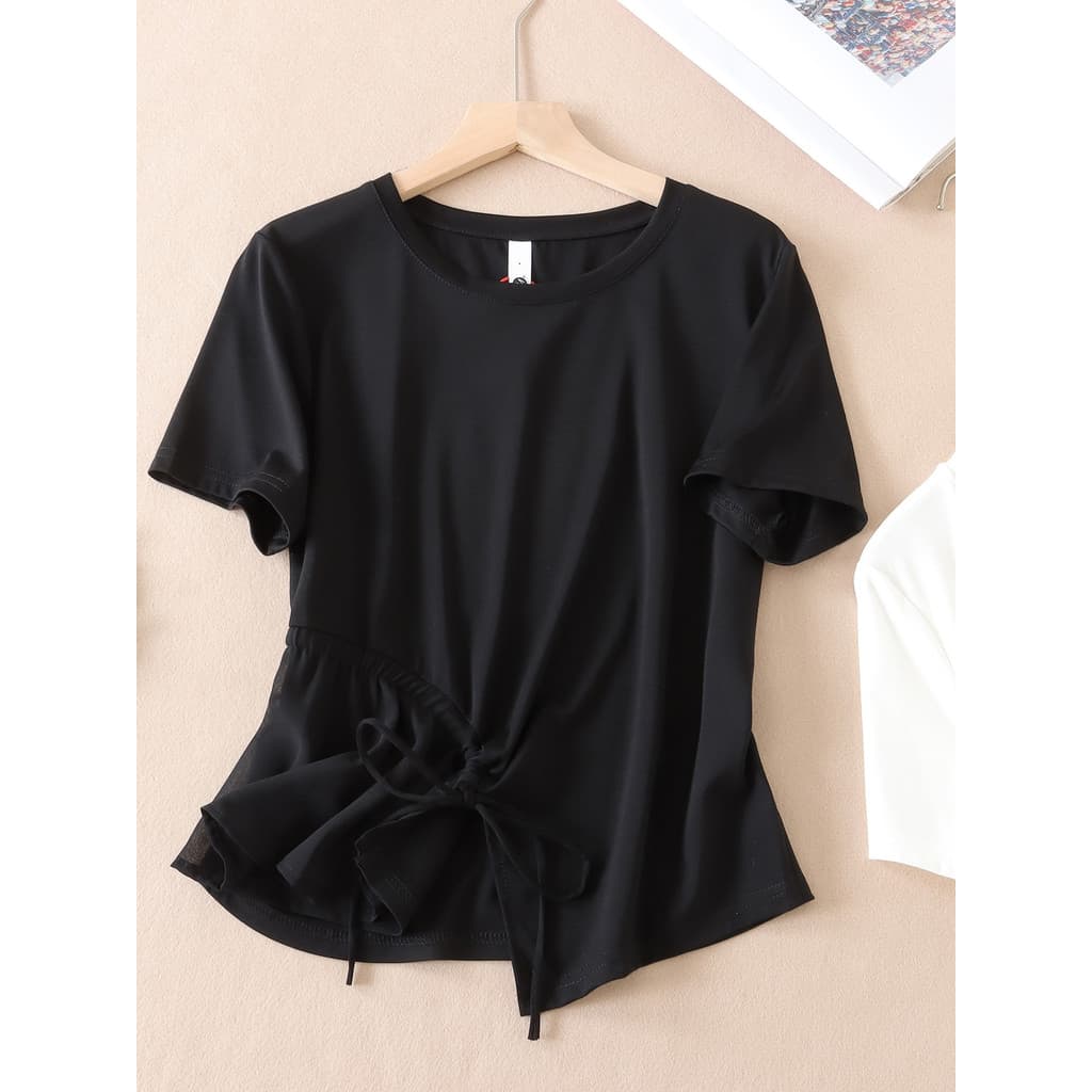 Suave respirável não pegajoso ~ versão coreana estilo ocidental capa barriga cordão babados manga curta camiseta feminin
