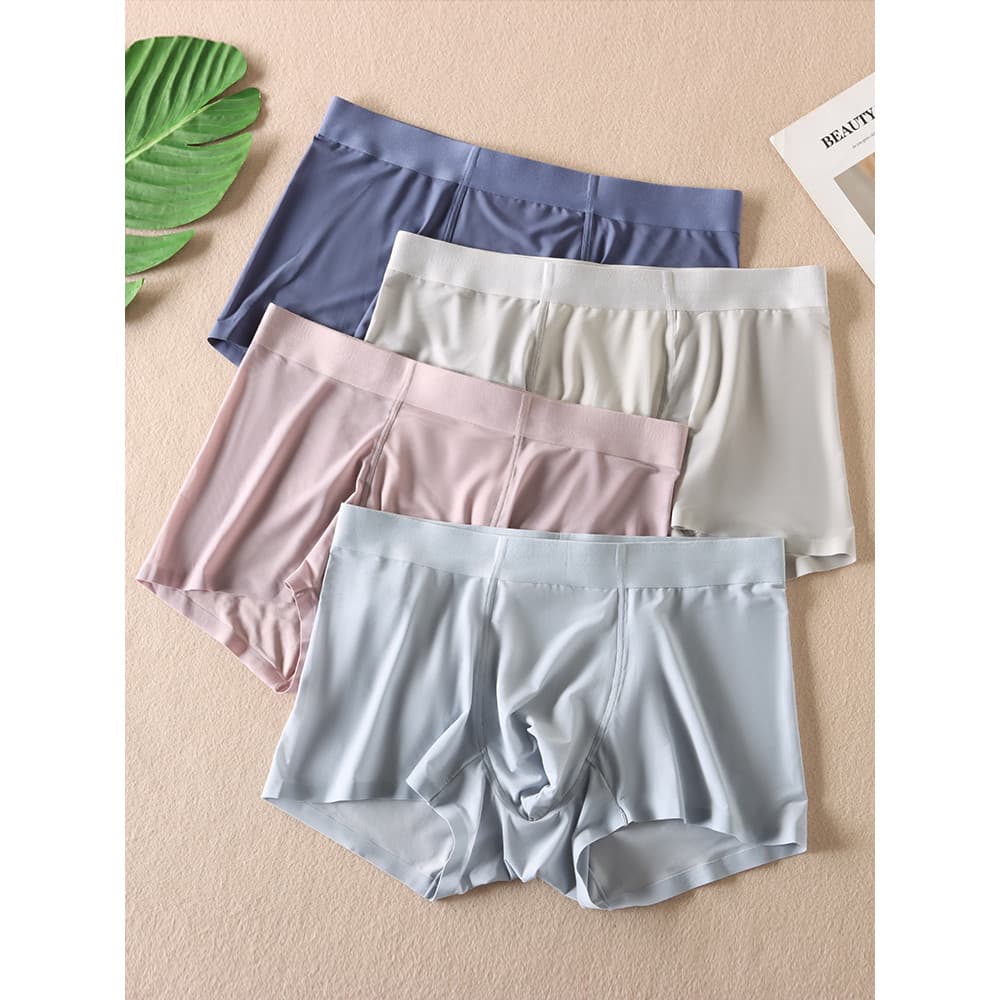 Cueca Boxer masculina de cintura média, seda gelada, respirável, sem costura, estilo fino de verão G14