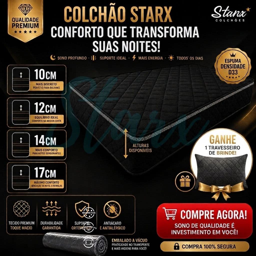 Colchão Solteiro D33 + Travesseiro Espuma Firme Confortável Ortopédico Pillow Top Premium 88x188 10cm 12cm 14cm 17cm