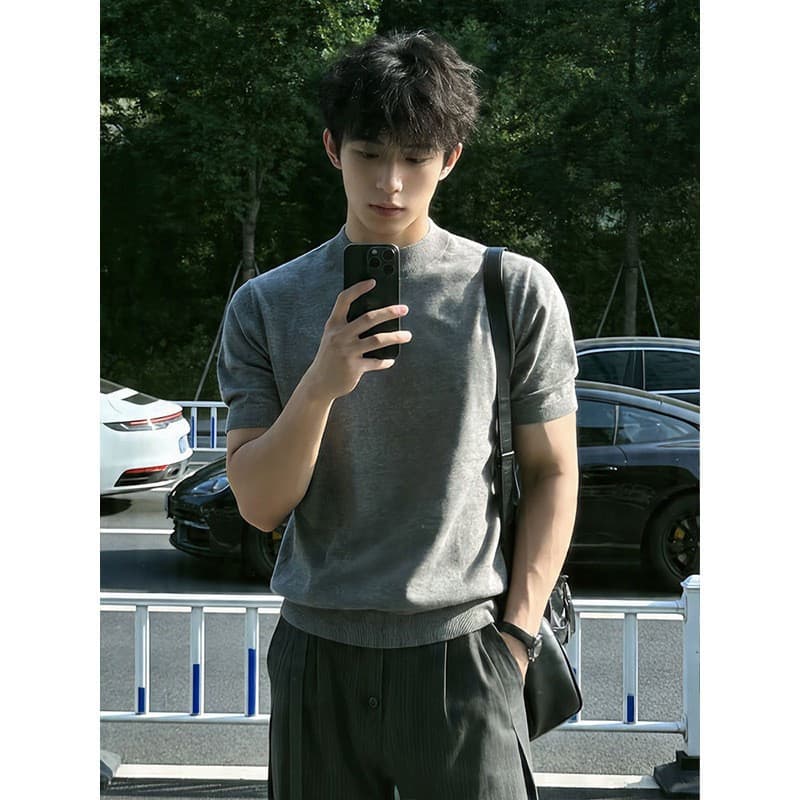 Estilo americano cinza velho dinheiro estilo malha de manga curta masculino verão fino ajuste ombro boxy esportes Fitnes
