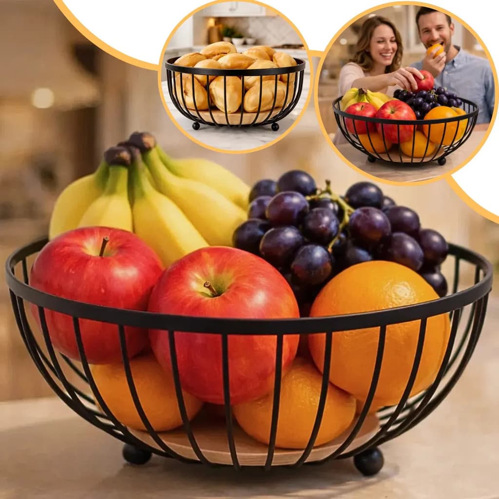 Fruteira De Mesa Aramada Cozinha Cesto Organizador De Frutas Multiuso Com Base Madeira Marca Revolux