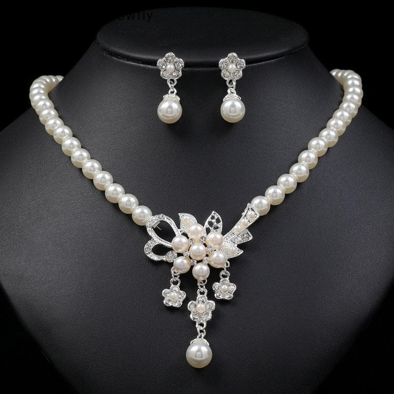Conjunto De Joias Femininas De Noiva Com Pérolas Falsas E Flores De Strass CSF Nelace Brincos