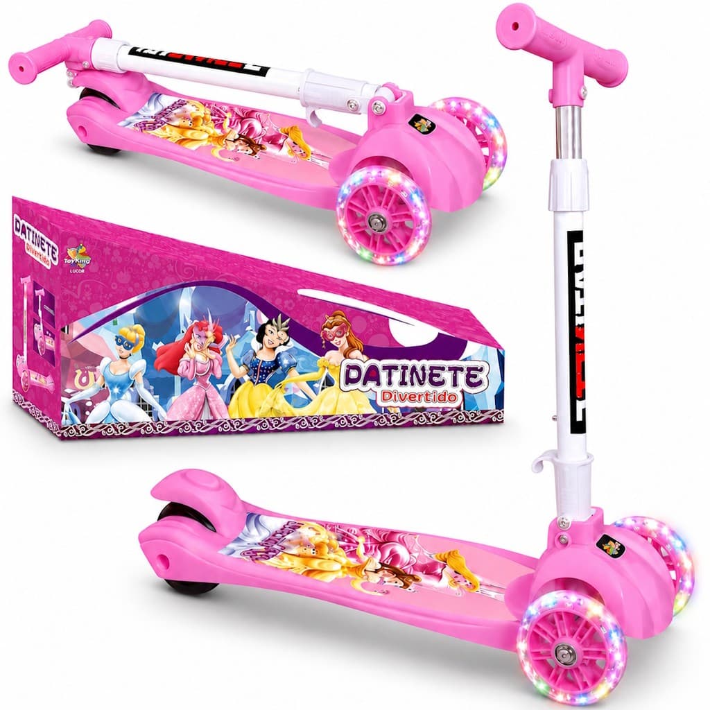 Patinete Rosa Princesas 3 Rodas Luzes Dobrável Ajuste Altura até 45kg Presente Meninas