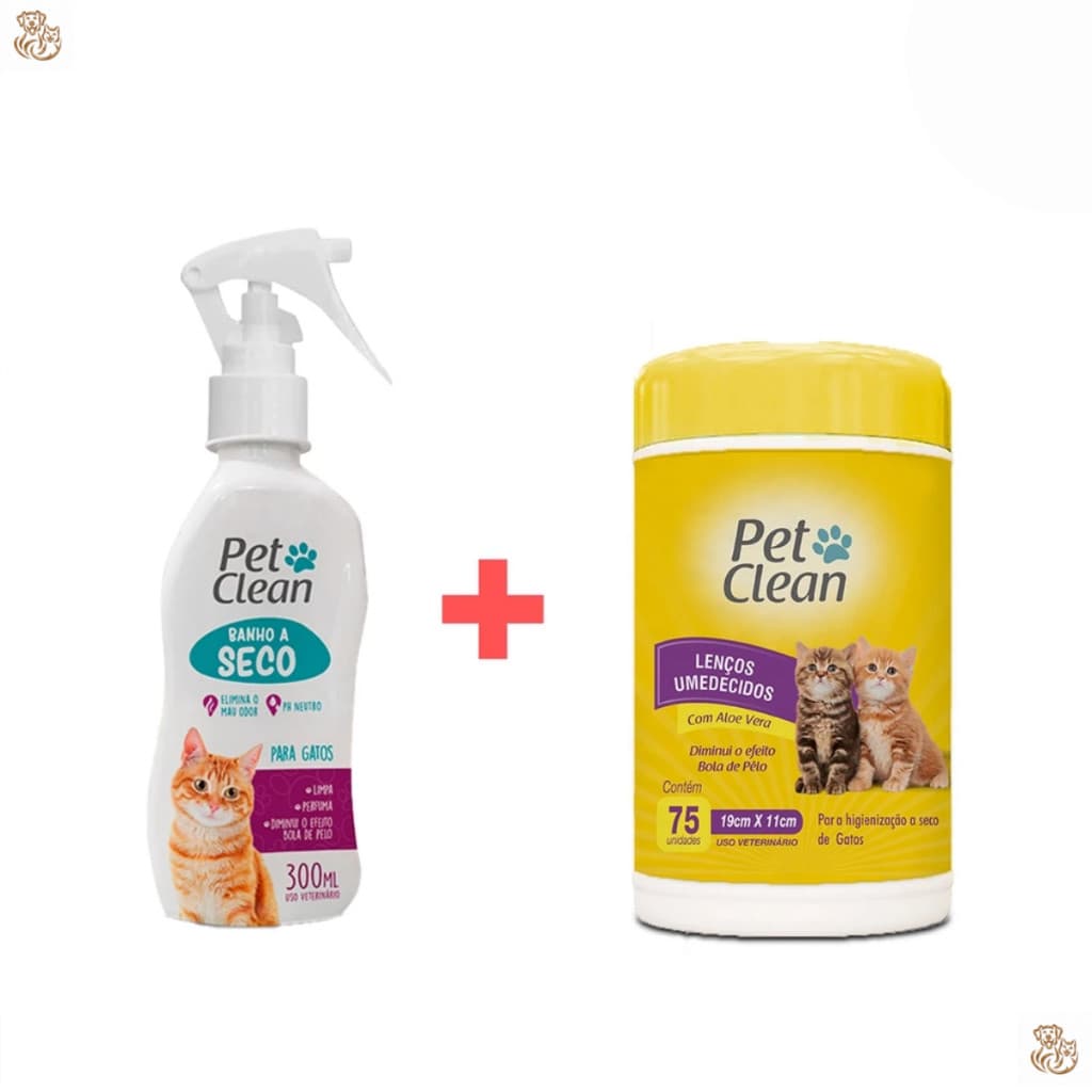 Kit Banho a Seco Gatos + Lenço Umedecido Gatos Pet Clean