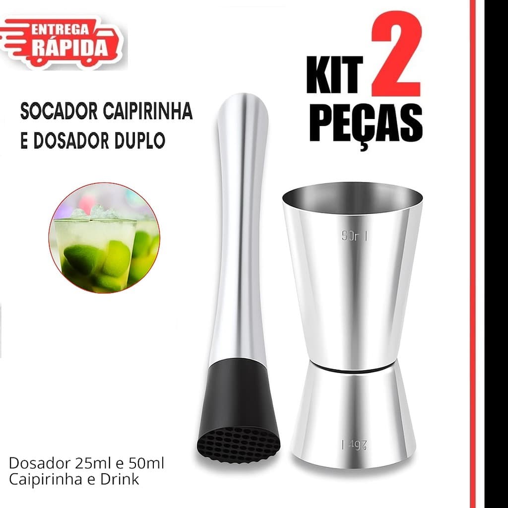 Kit 2/1 pecas Socador de Caipirinha e Dosador Duplo 50/25ml Inox Macerador Drinks, Coqueteis Bebidas Bar