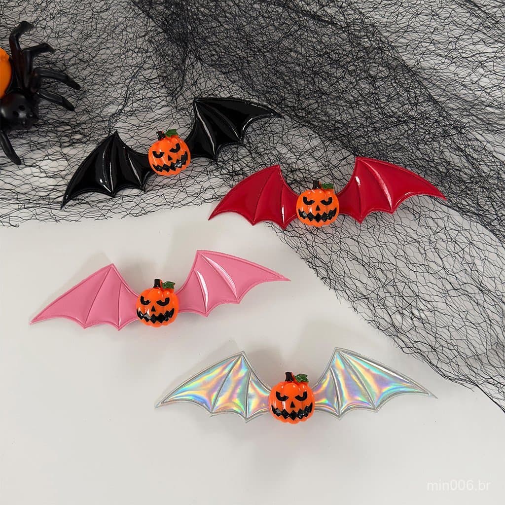 Fantasia engraçada de Halloween em forma de abóbora com clipe de cabelo lateral em forma de morcego