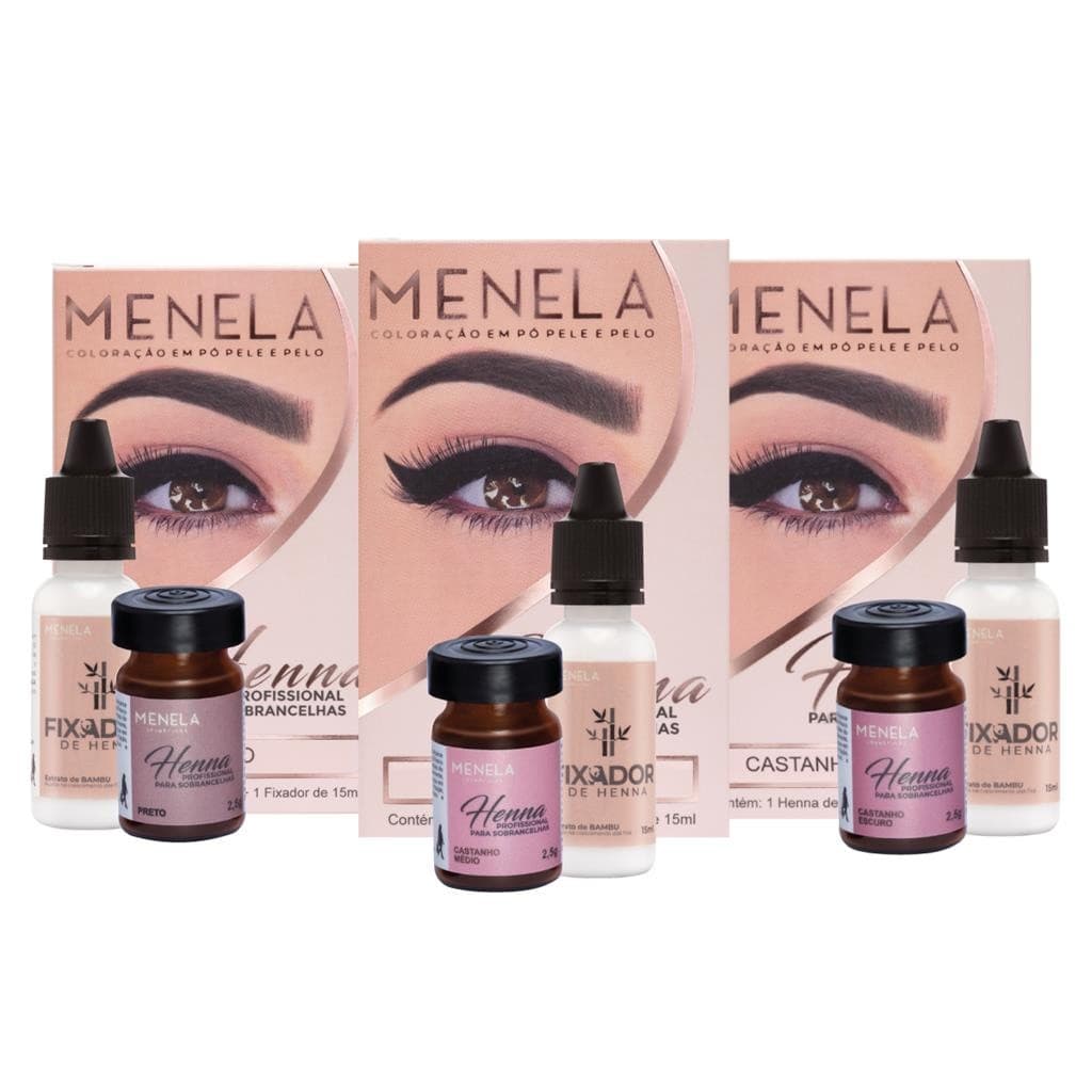 Kit 3 Henna Profissional Sobrancelhas Menela Preto + Castanho Medio + Castanho Escuro