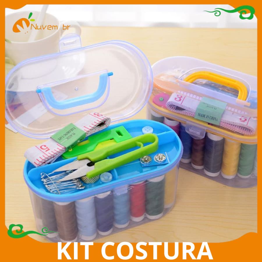 Kit de Costura Mini Maleta Fita Métrica Dedal Tesoura Botão Agulha 10 Linhas Organizador Portatil emergencia - NUVEM