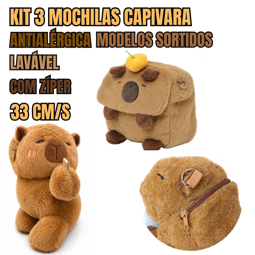 Kit com 3 Mochilas Capivara de Pelúcia 30cm Sortidas Infantil Escolar Passeio Presente