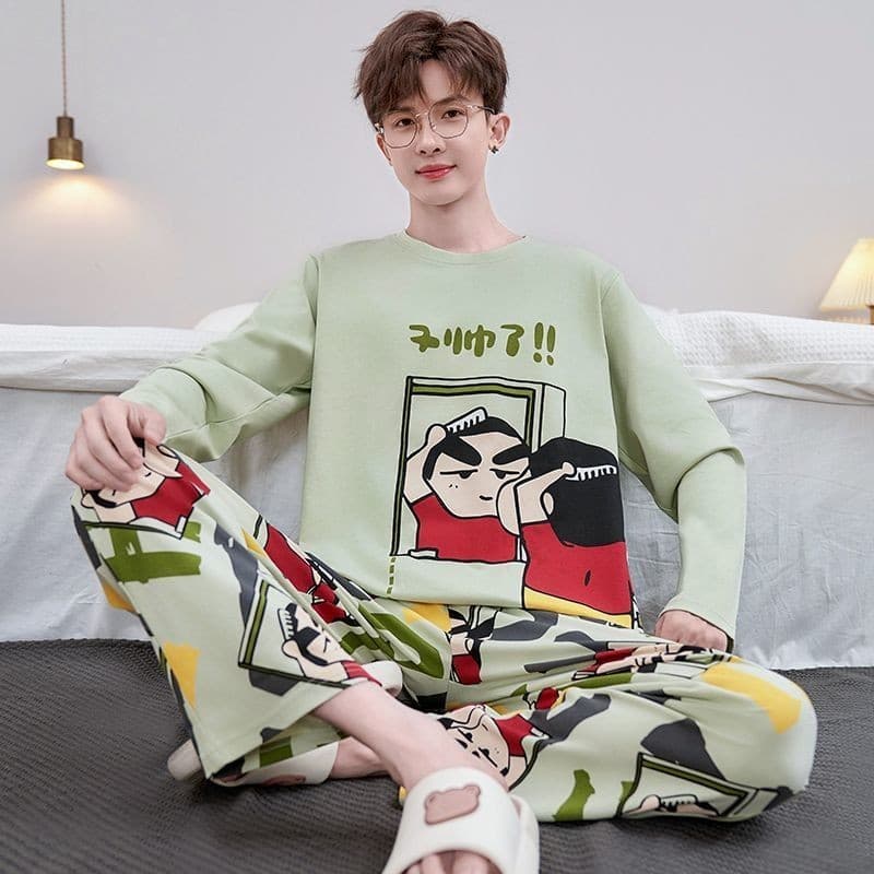 Pijama juvenil primavera outono manga comprida solto estudante masculino Homewear pijama masculino Crayon Shin-Chan pija