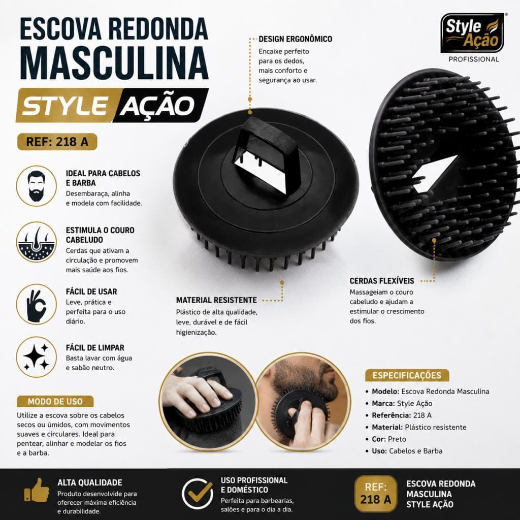 Escova Redonda Masculina Cabelo e Barba Style Ação Ref. 218A