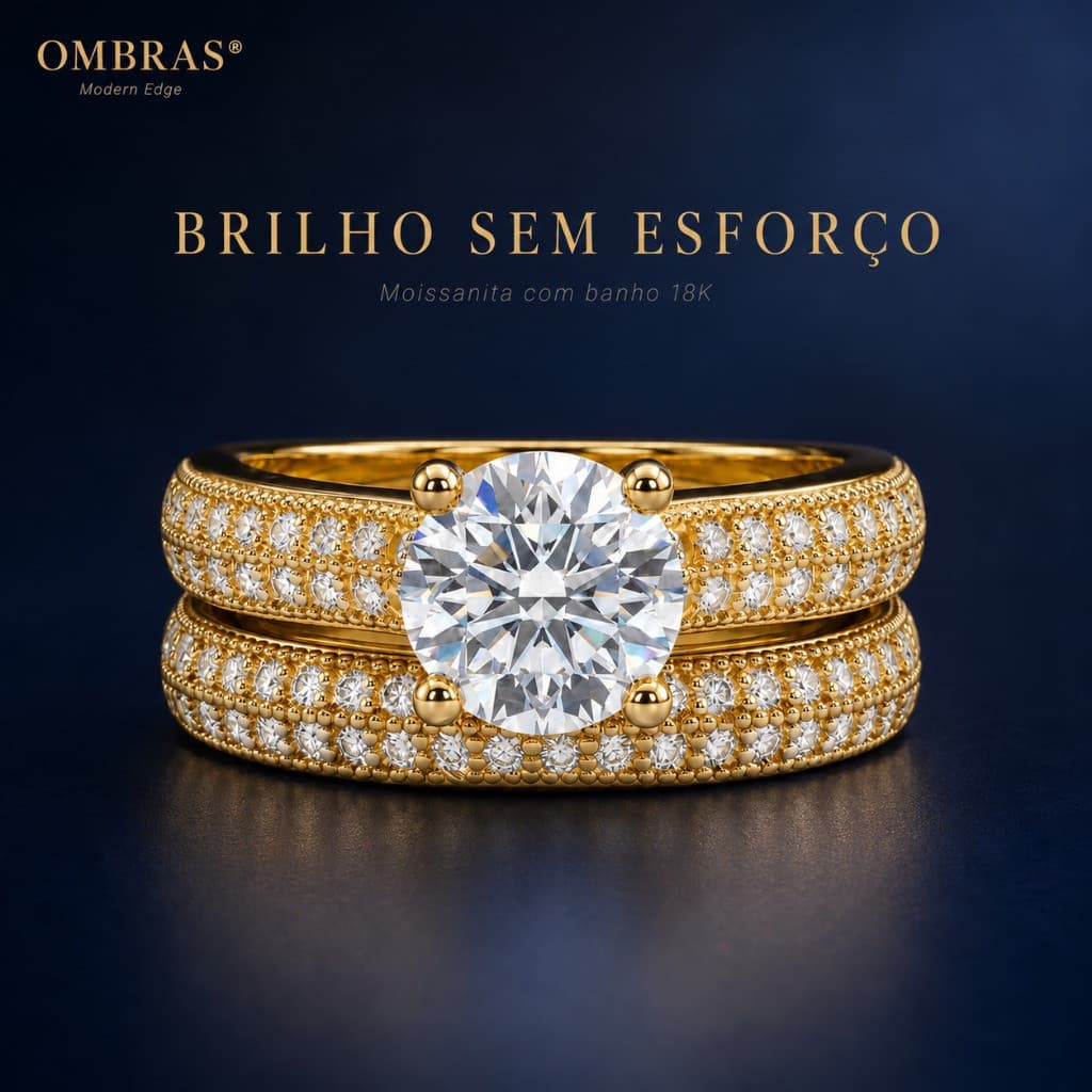Anel de Casamento de Luxo OMBRAS para Casal, Zircônia, Banhado a Ouro 18K, Não Desbota Facilmente, Acompanha Caixa de Em