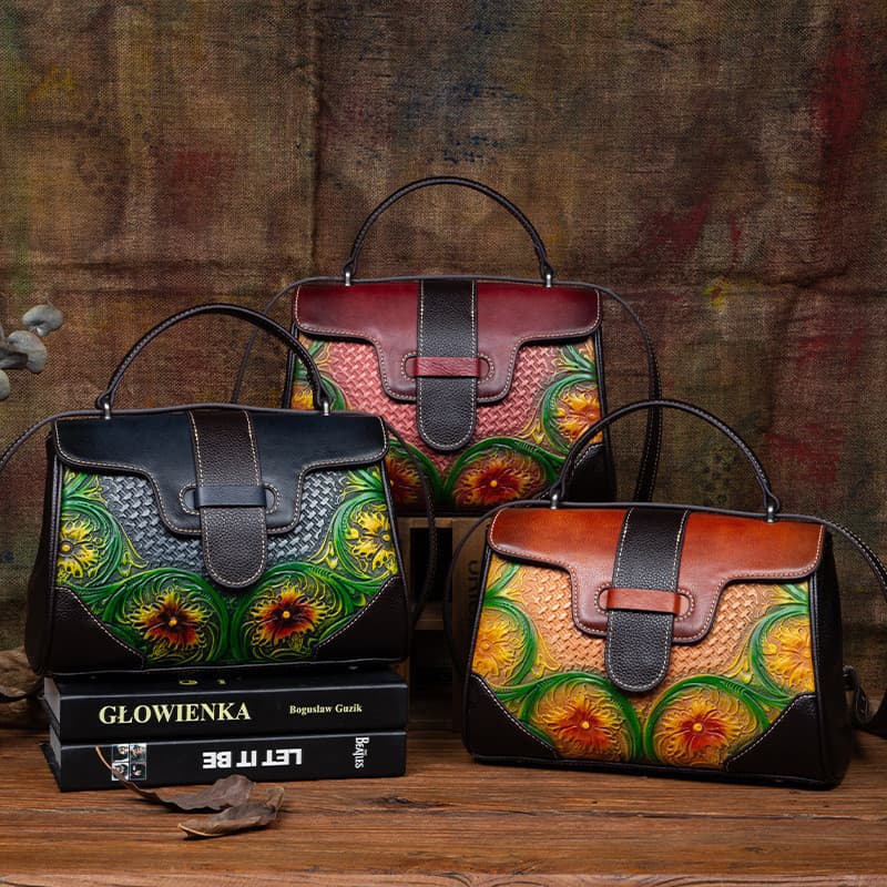 Bolsa vintage feminina de couro genuíno, estilo chinês, bolsa de mão em couro de alta qualidade, cor desgastada.