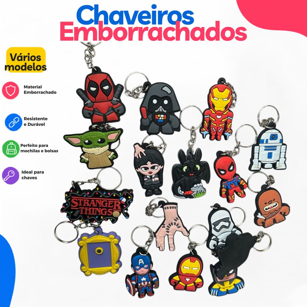 Kit Chaveiros Personagens Emborrachados – 5, 10 ou 20 Peças Variadas (Marvel, Séries, Filmes e Games)