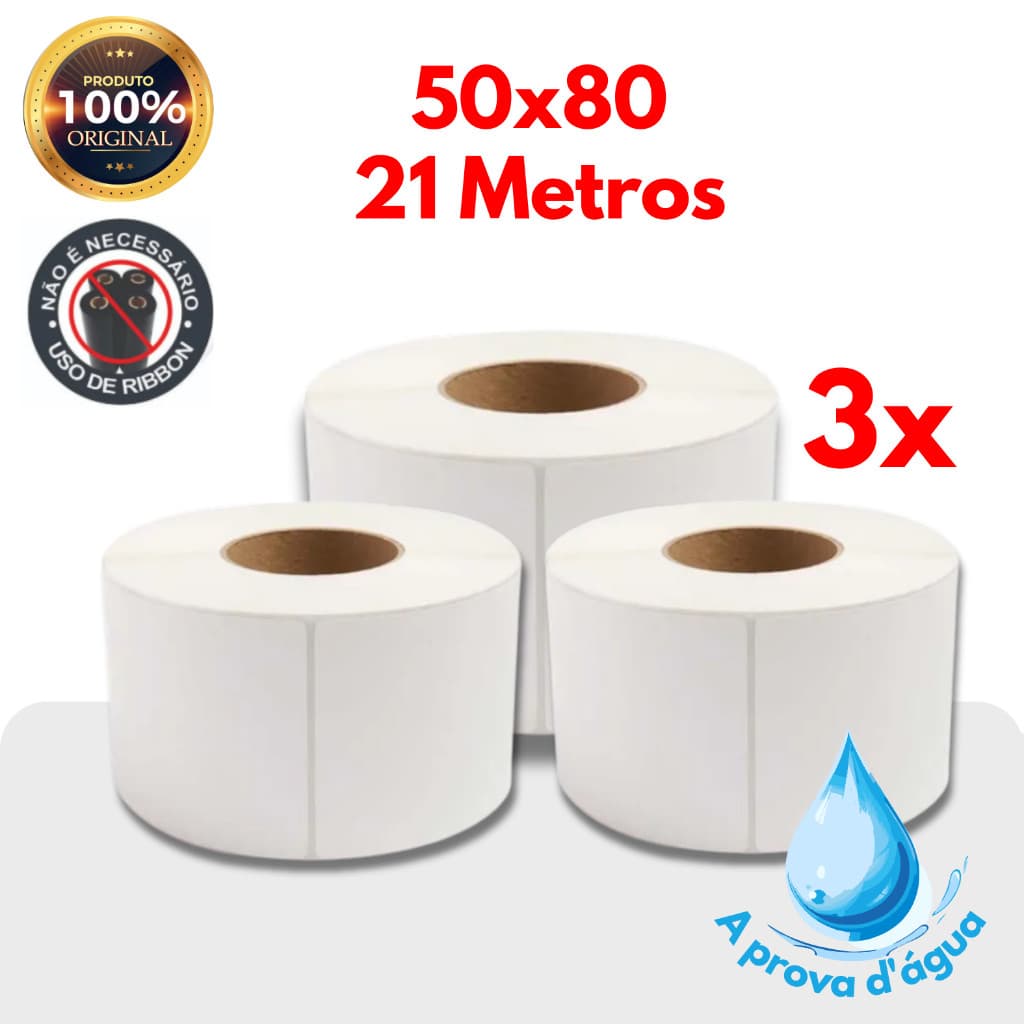 3 Rolos de etiqueta termica a prova d'água 50x80 21 metros