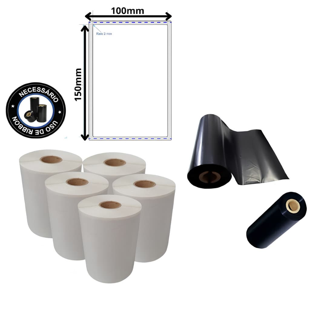 5 Rolos Etiqueta 10x15 100x150 Couche + 2 rolos ribbon 110mm x 74m
