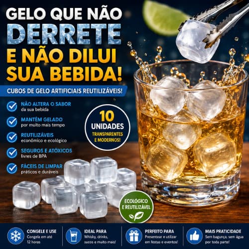 Gelo Ecológico Reutilizável Transparente | Cubos para Resfriar Whisky, Drinks e Bebidas sem Diluir
