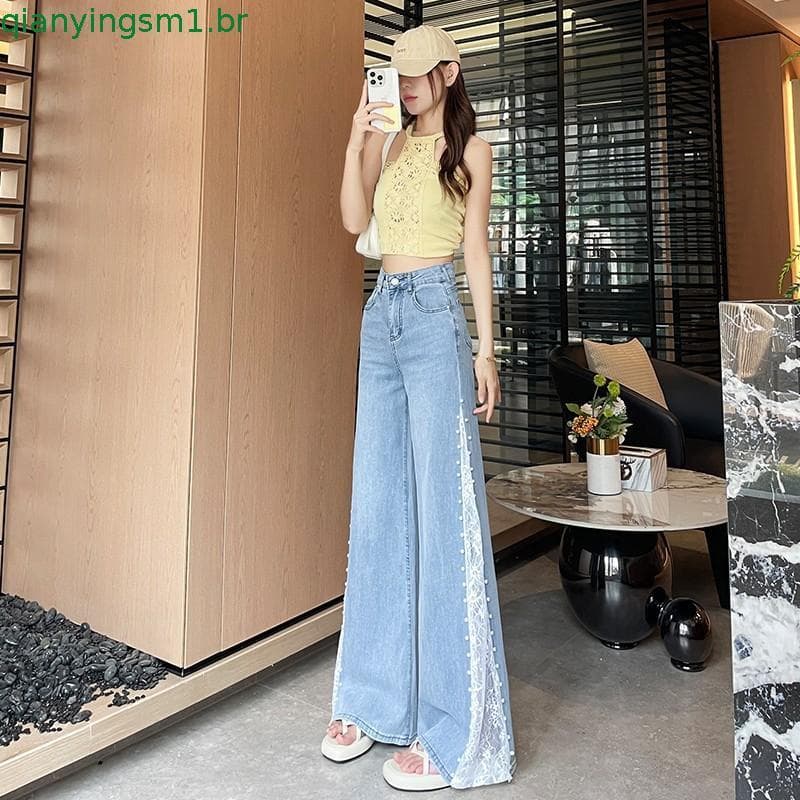 Calças de brim de perna larga de pérola de renda sólida feminina 2026 novo estilo primavera estilo fino moda solta oco c