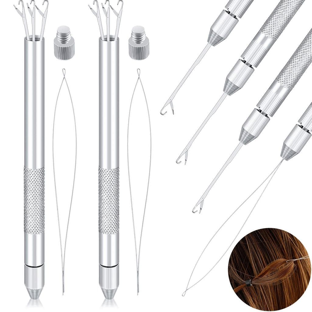 2 Sets 4-in-1 Hair Extension Tools, Includes Loop Needle Threader, Knitting Needles and Holder for Beads Dreadlock Wig H