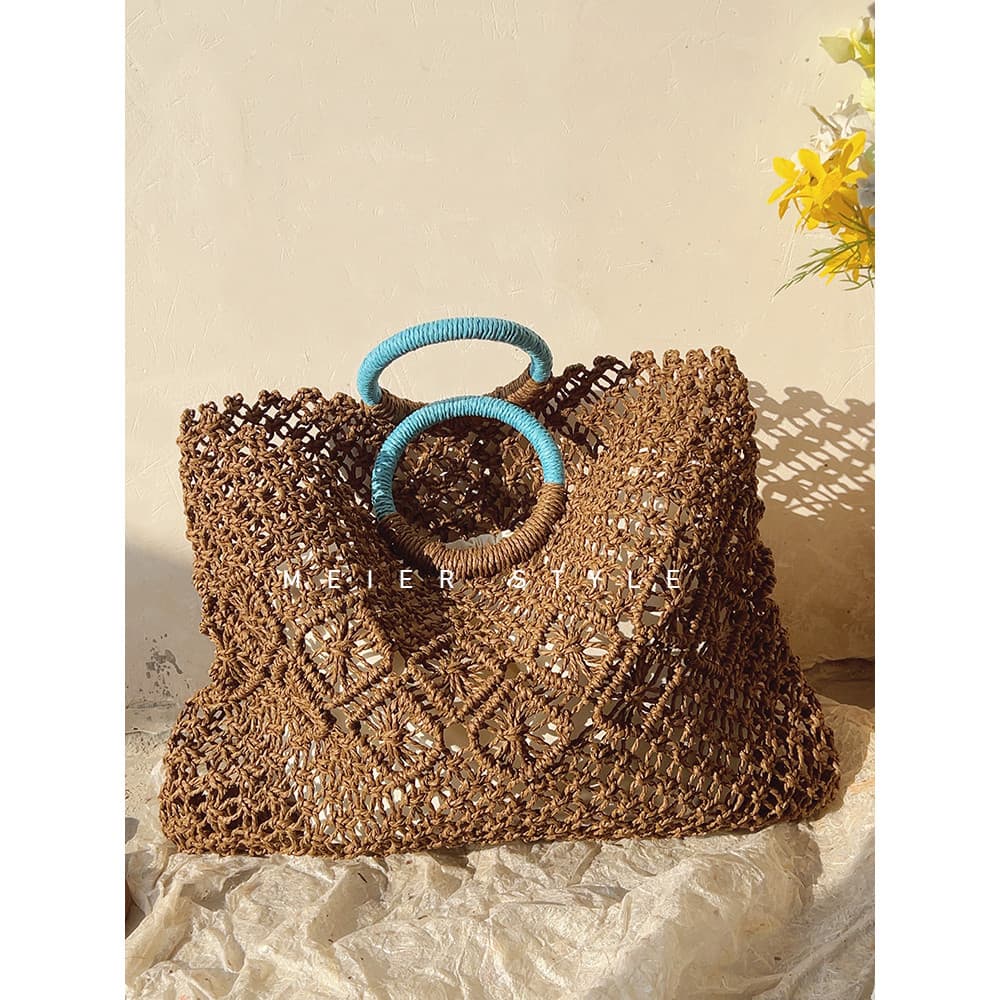Ins nicho Design Retro oco saco de palha grande capacidade tecido bolsa férias praia saco 2025 novo