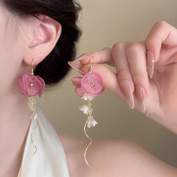 | kit brinco aço inoxidável | 【cartelas de brincos feminino】 ✽Brincos de borla de flor de tule rosa feminino estilo féri