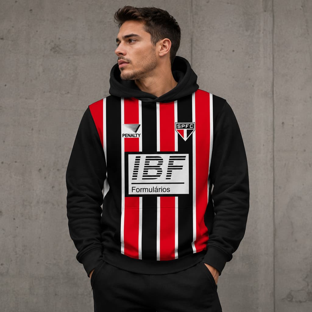 Moletom Estampa Time Futebol Branco Preto Vermelho Full Capuz Fechado Tecido Algodão Blusa de Frio