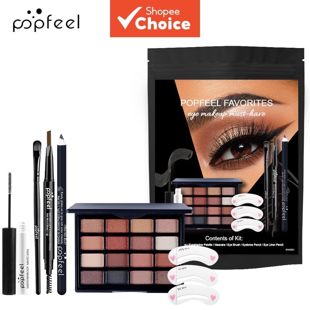 Kit Essencial para Olhos POPFEEL - 16 cores de sombra, máscara, lápis de sobrancelha, delineador, pincel e stencils,