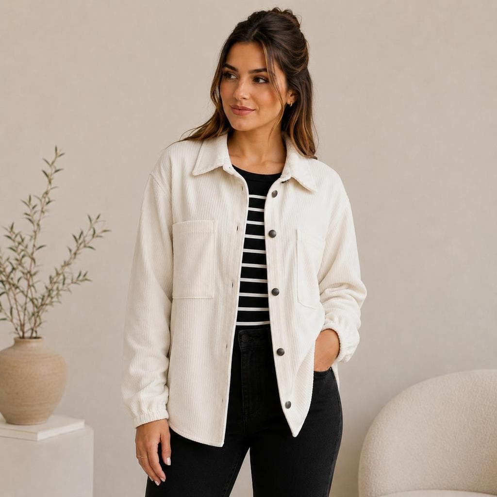 Camisa Blusa Cotelê Manga Longa Botões Bolsos Punho Elástico