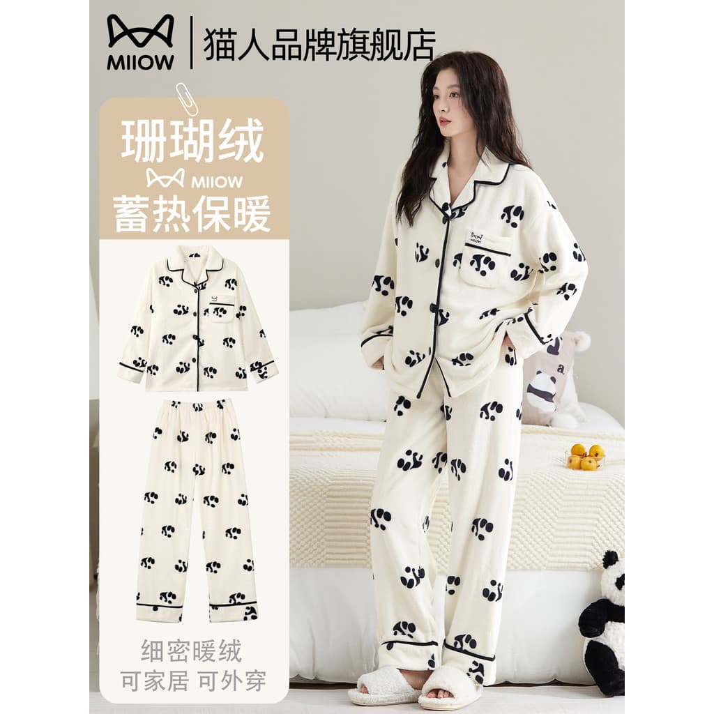 Gato pessoas Coral velo pijamas feminino outono inverno 2026 novo estilo Panda velo engrossado flanela Homewear conjunto