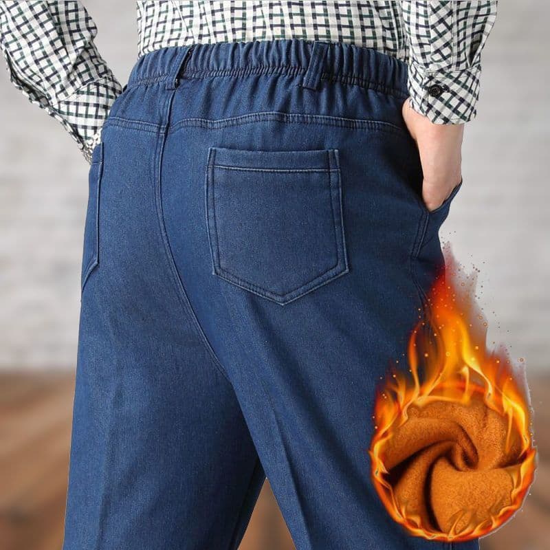 Outono inverno masculino velo-velo-Jeans de meia-idade idosos cintura elástica solta em linha reta pai usar calças retas