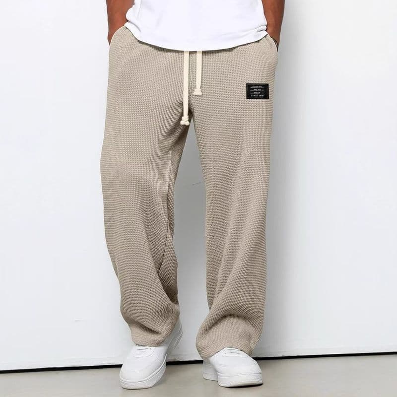Calças de Malha Casuais Masculinas VG Waffle com Cintura Elástica e Cordão, Design Solto e Reto