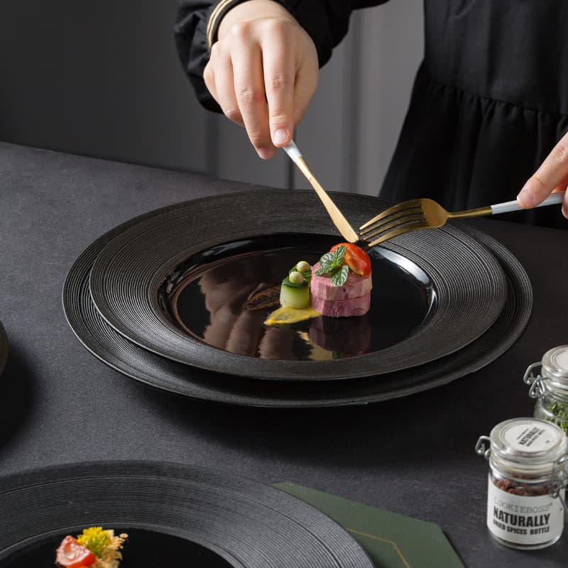 Prato de bife criativo cerâmica criativo utensílios de mesa prato de comida ocidental escovado obsidiana preto Dim Sum p